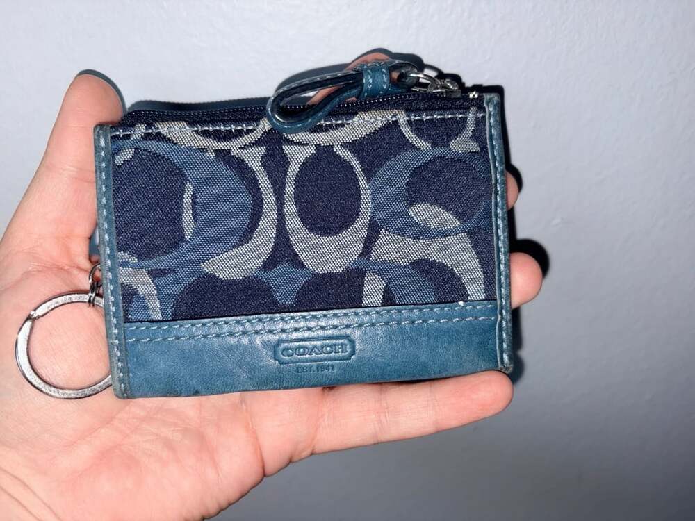 Coach Blue Signature C Monogram Canvas Leather Mini Skinny ID Case Coin Pouch